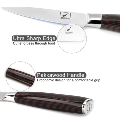 Imarku Paring Knife showing ergonomic pakkawood handle for comfortable extended use