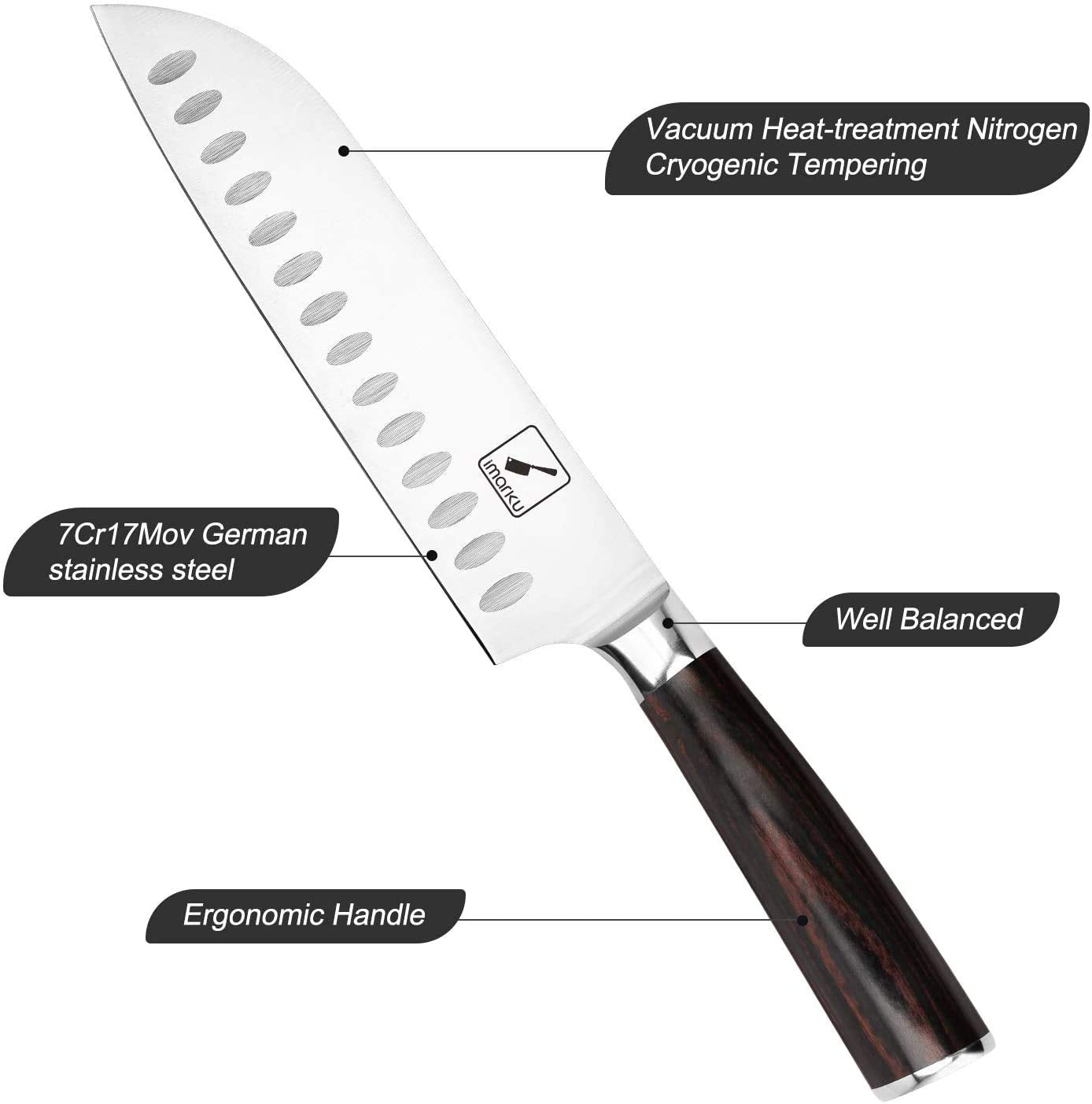 Imarku santoku hollow-edge design reduces sticking for easier slicing