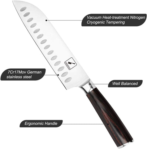 Imarku santoku hollow-edge design reduces sticking for easier slicing