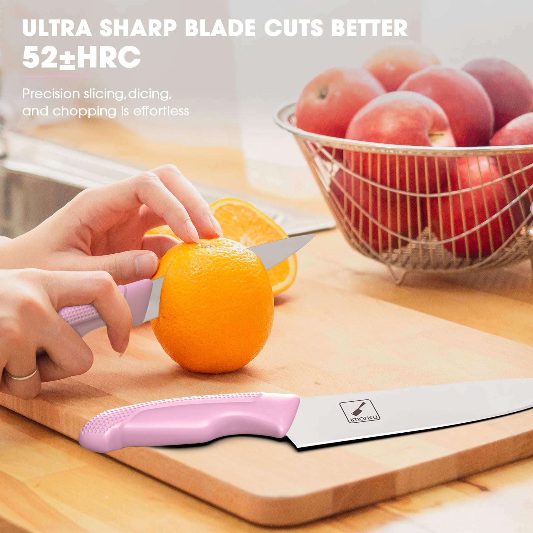 Imarku pink Santoku knife offers versatile chopping and control