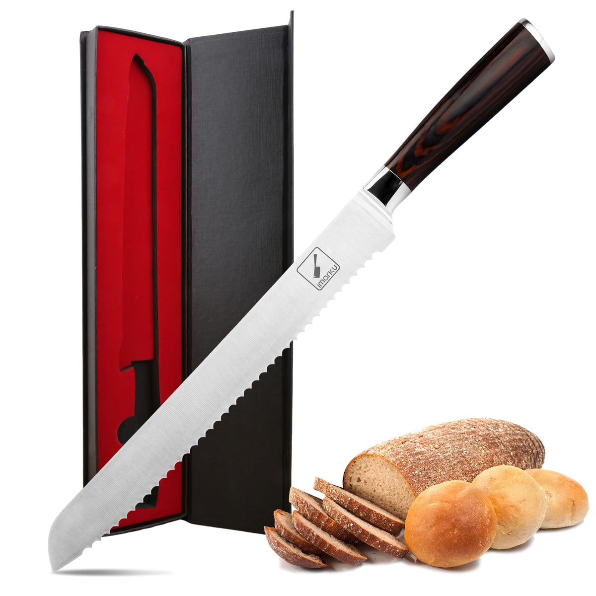 Imarku serrated bread knife 10-inch blade ready for crusty bread slicing