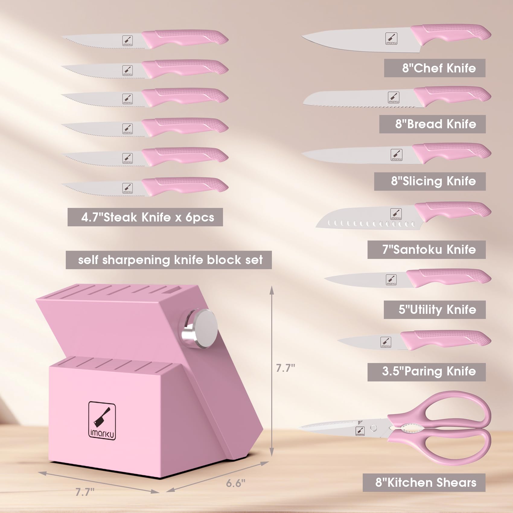 Imarku six pink steak knives for uniform cuts at table
