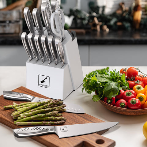 imarku wooden block with built-in sharpener stores knives safely