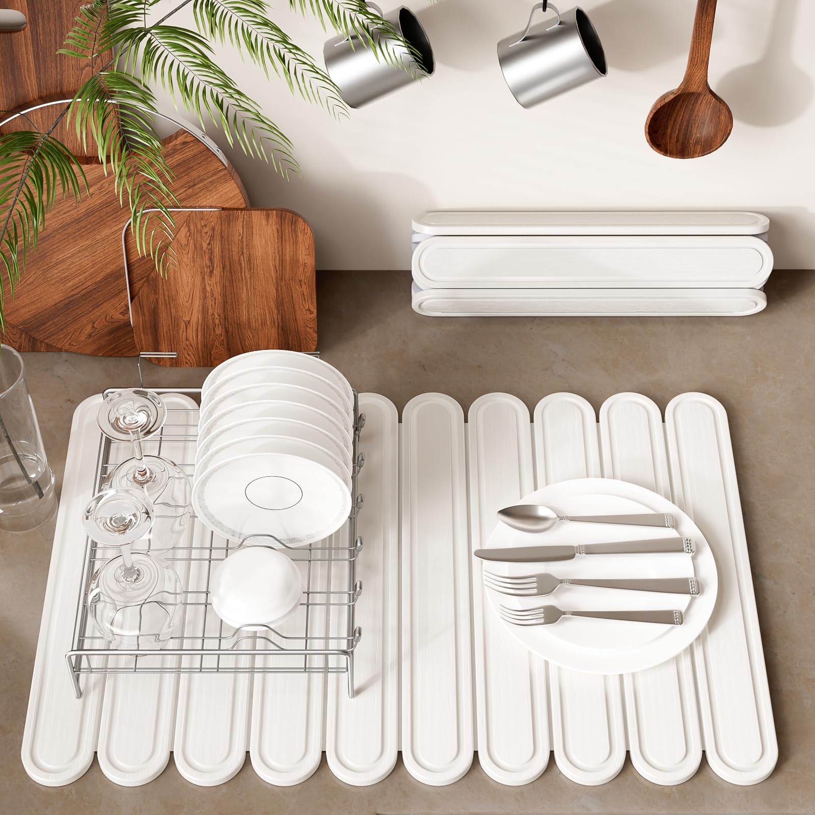 Imgrose stone drying mat on a counter showing rapid water absorption for dishes.