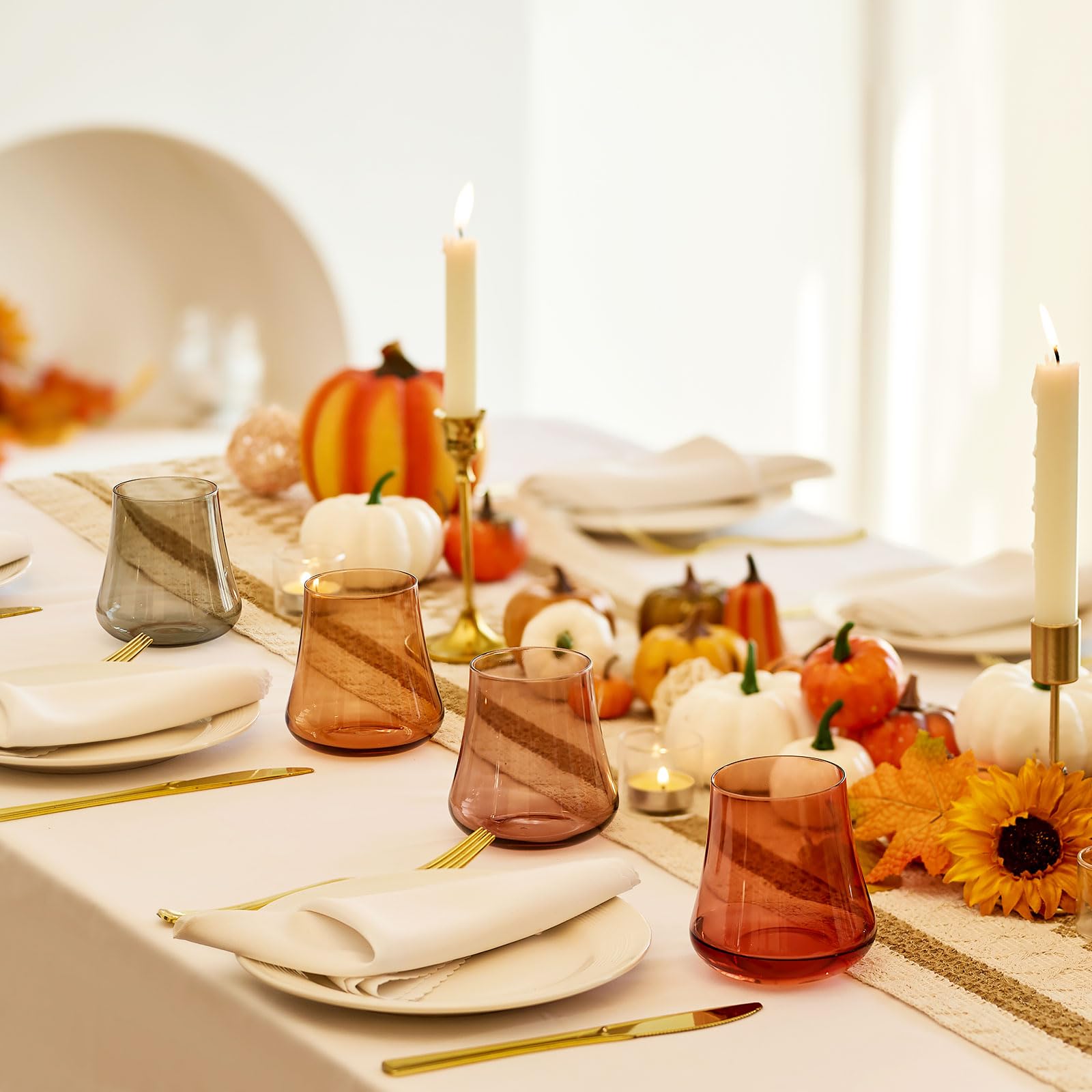 Imourari amber-green hand-blown glasses highlight color in autumn dinners.
