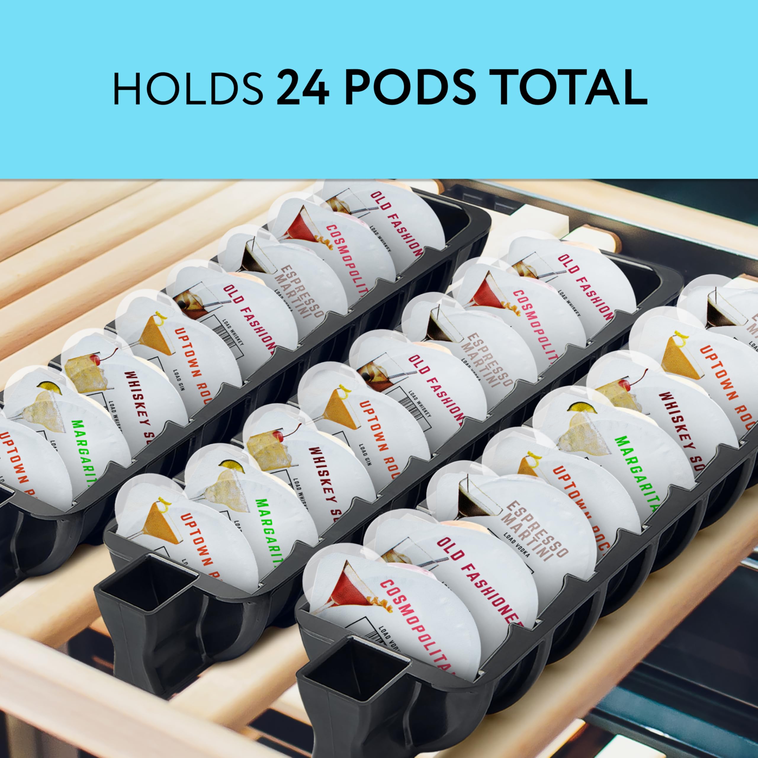 IMPRESA 24-slot capsule holder keeps cocktail capsules organized for quick drink prep.