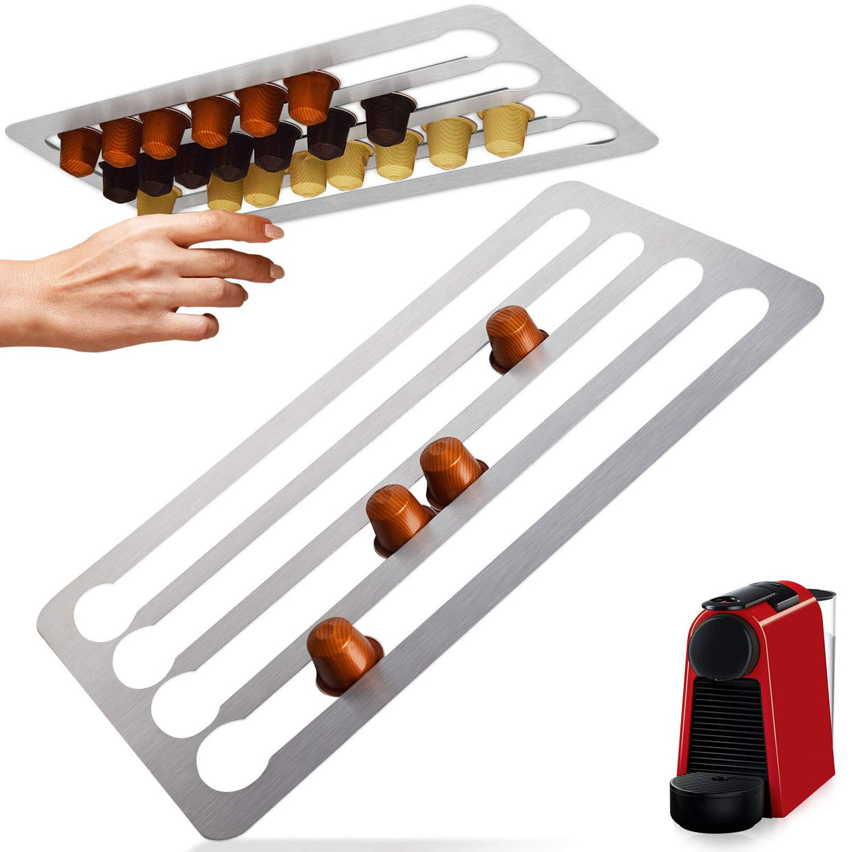 IMPRESA under-cabinet coffee capsule holder with 44 pods for easy access.