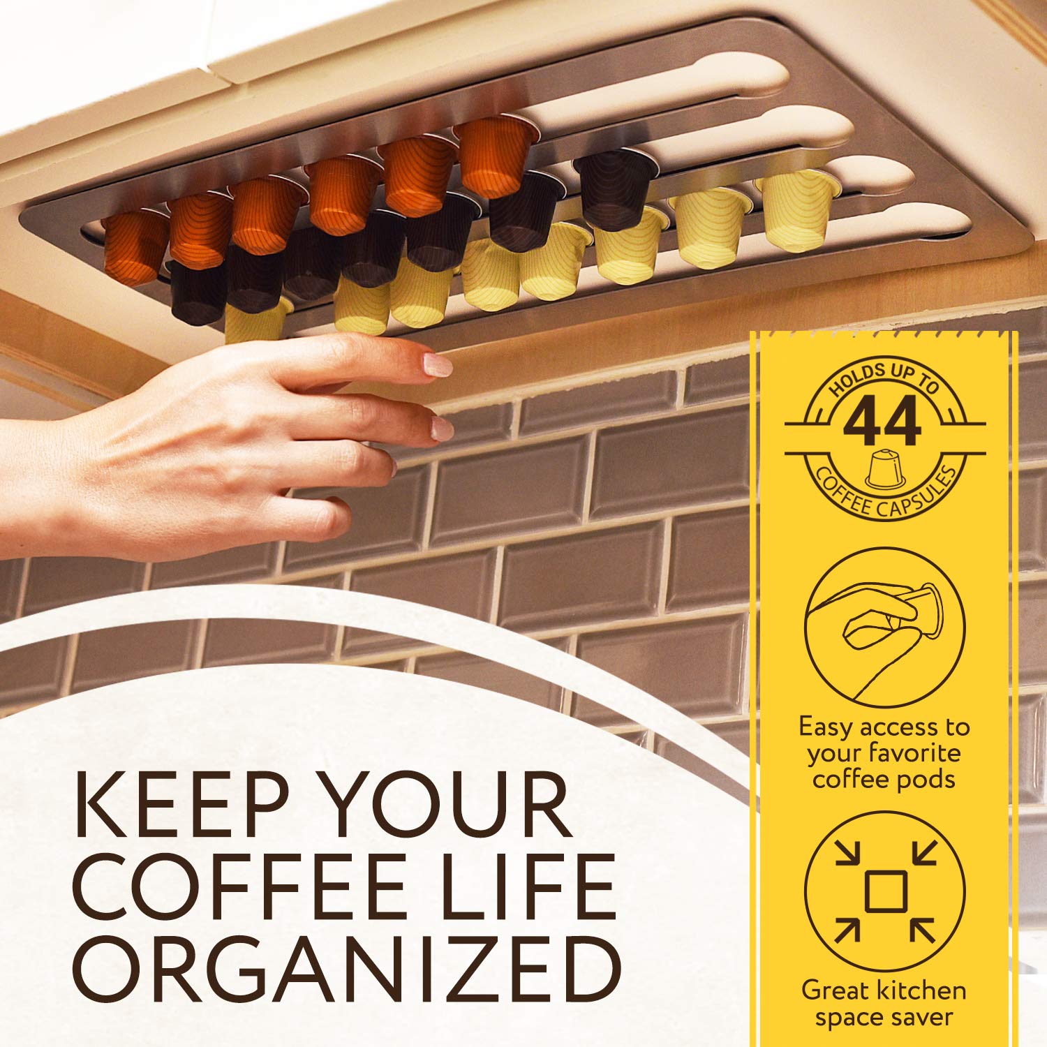 IMPRESA wall-mount coffee pod organizer installed on a backsplash for quick reach.