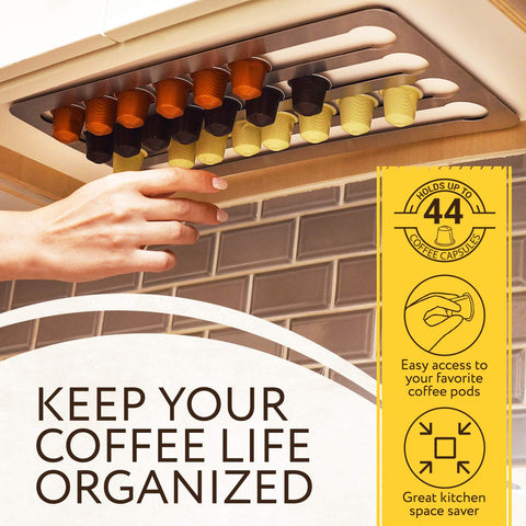 IMPRESA wall-mount coffee pod organizer installed on a backsplash for quick reach.