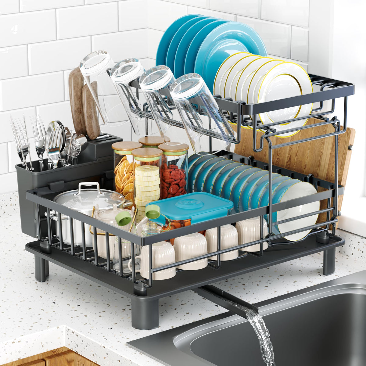 IMXSUMDA dish drying rack on counter, showing compact top view.