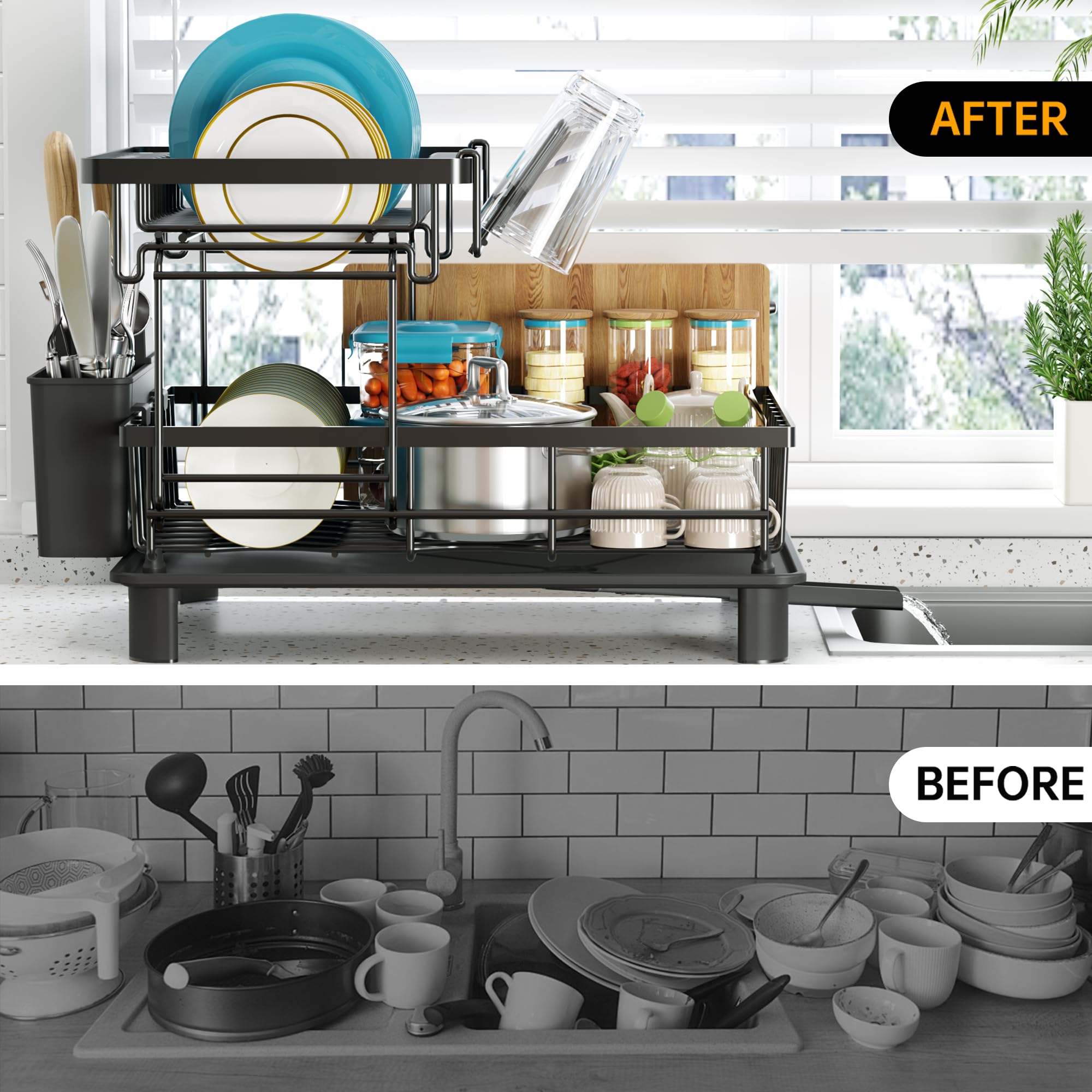 IMXSUMDA two-tier design fits dishes, bowls, and utensils neatly.