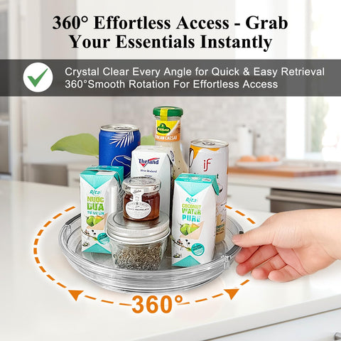Incostar clear lazy Susan turntable keeps spices organized in the pantry.