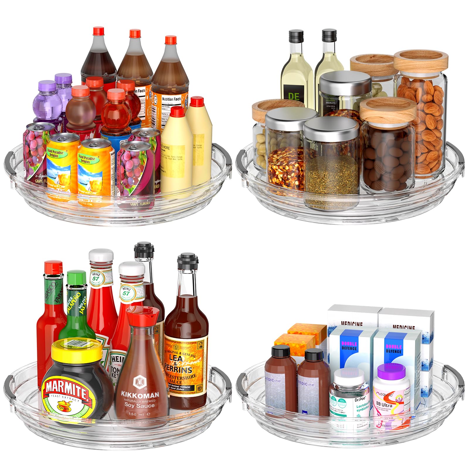 Incostar clear lazy Susan turntable on vanity for easy cosmetic access.