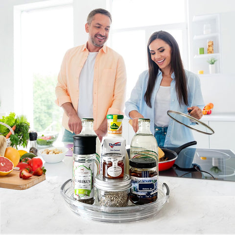Incostar pantry turntable keeps snacks and bottles within easy reach.