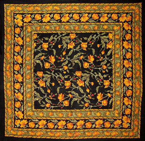 India Arts French Floral tablecloth in amber on black enhances elegant dining ambience