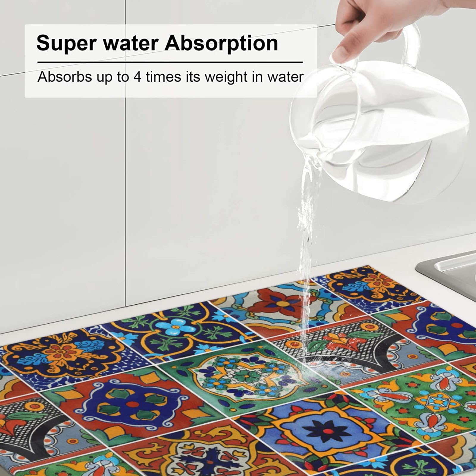 Indokyeyqaz Talavera large drying mat covers wide counter areas for utensils and gadgets.