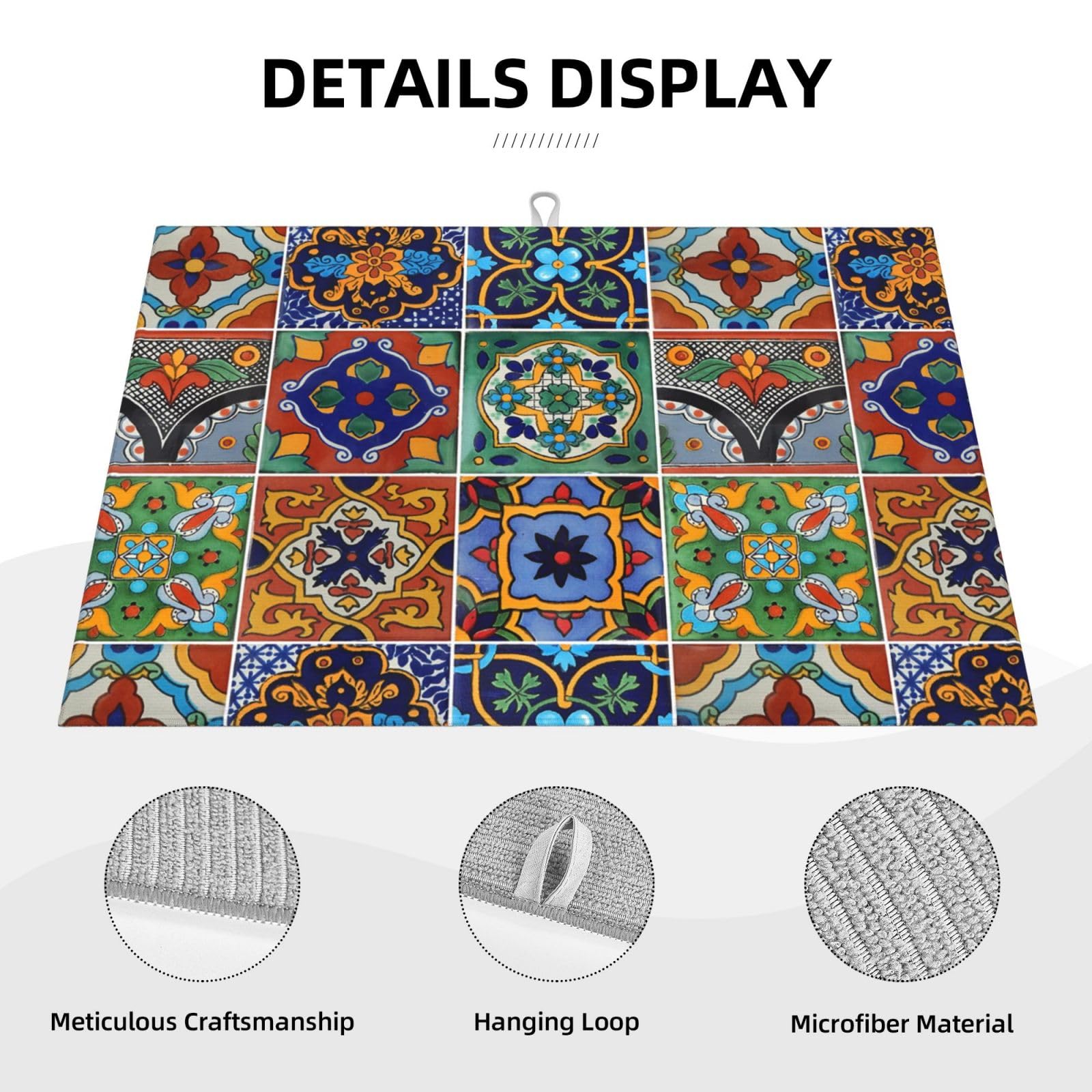 Indokyeyqaz Talavera patterned-drying-mat adds decorative flair while protecting countertops.