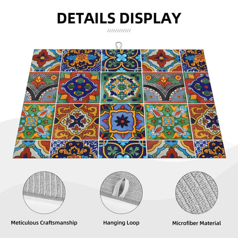 Indokyeyqaz Talavera patterned-drying-mat adds decorative flair while protecting countertops.