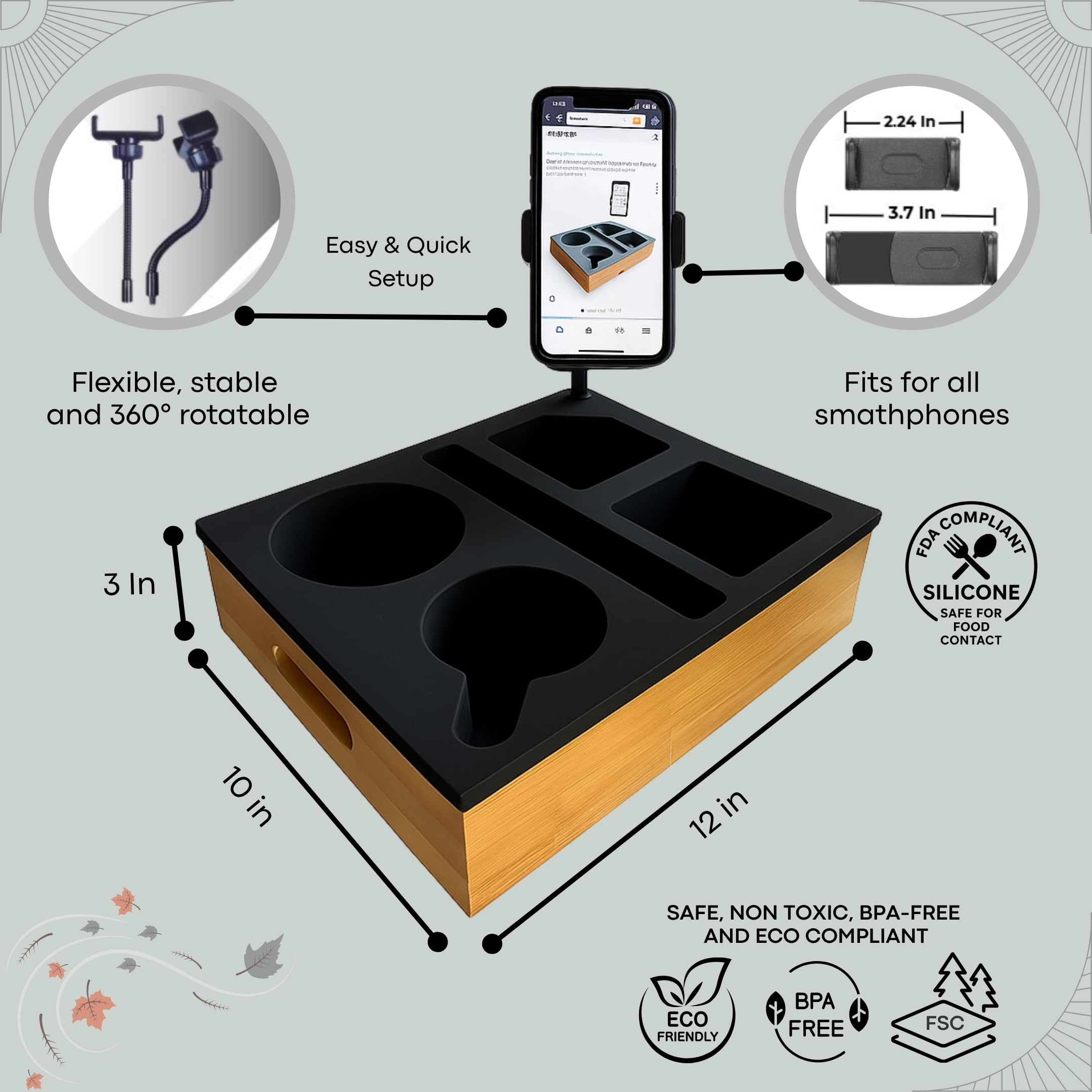 INDUCA couch caddy 360-degree phone slot for hands-free viewing.