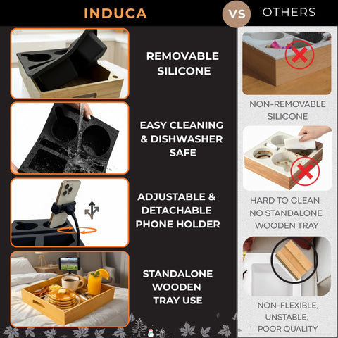 INDUCA bamboo tray highlights eco-friendly design for snacks and remotes.
