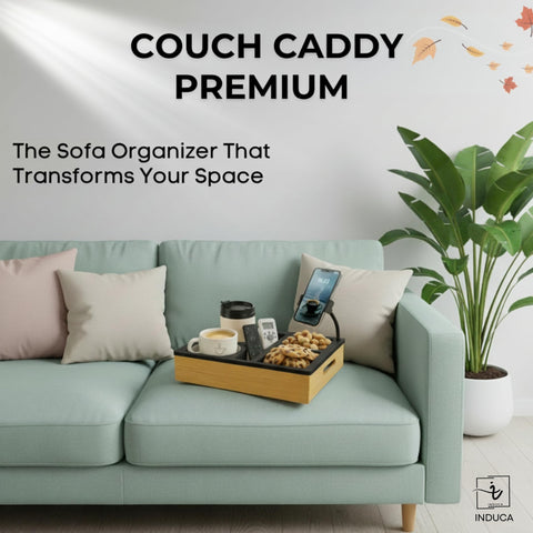 INDUCA couch caddy dishwasher-safe silicone base for quick cleaning.