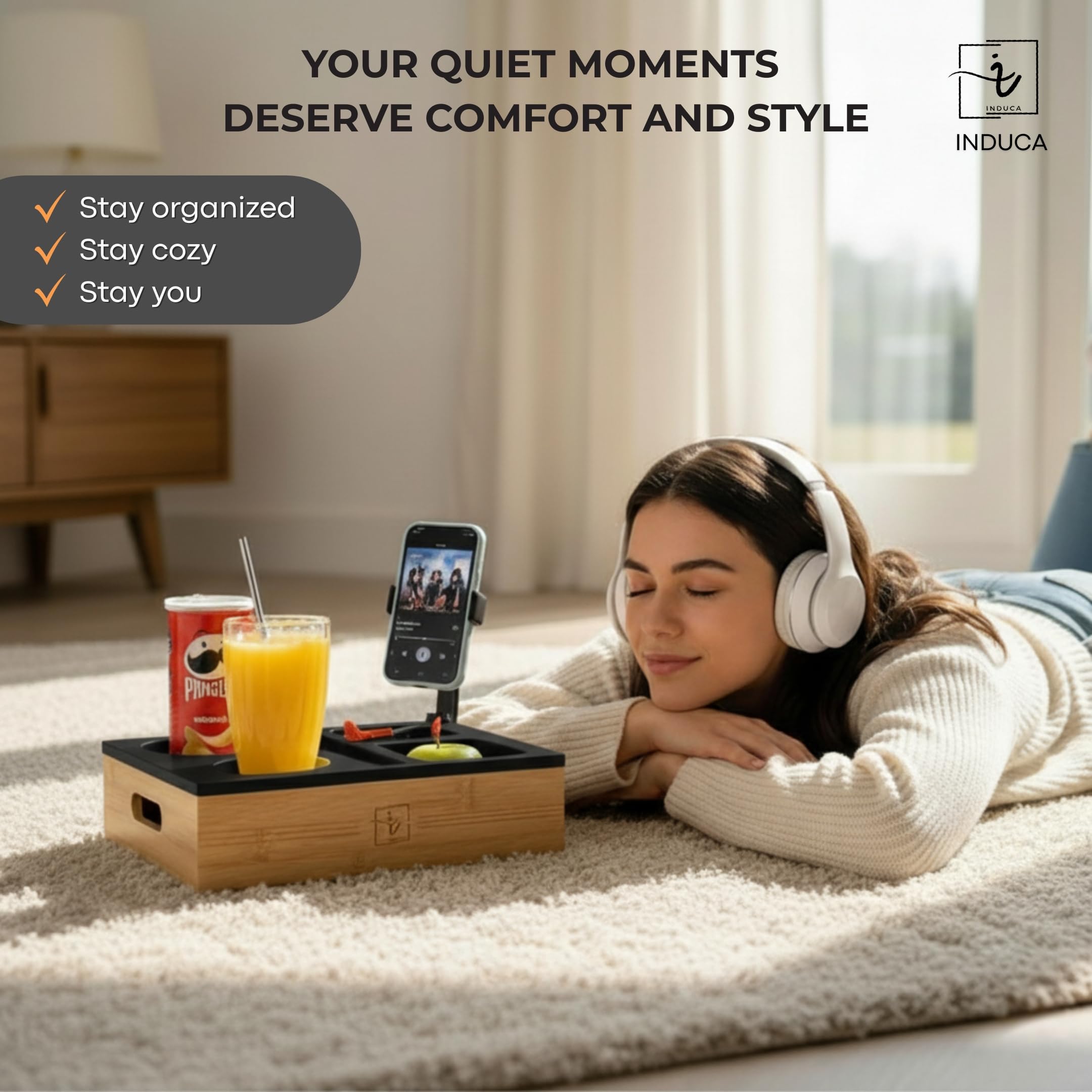 INDUCA couch caddy snacks and remotes area keeps essentials handy.