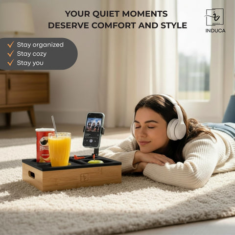 INDUCA couch caddy snacks and remotes area keeps essentials handy.