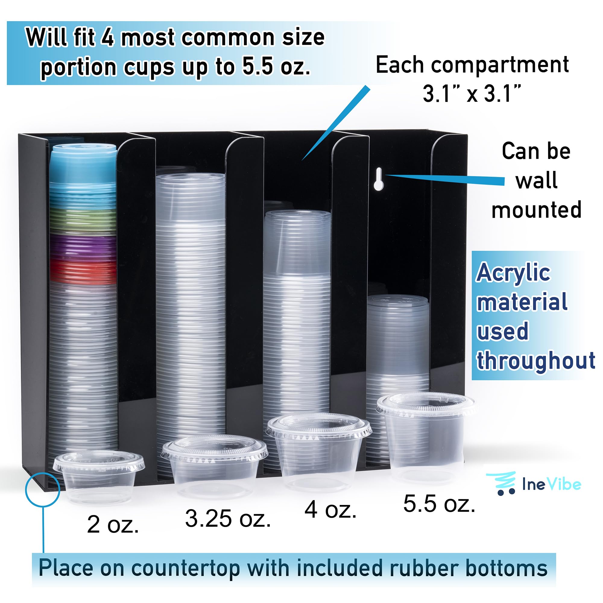 Inevibe four-compartment acrylic dispenser side view saves space and keeps lids tidy.