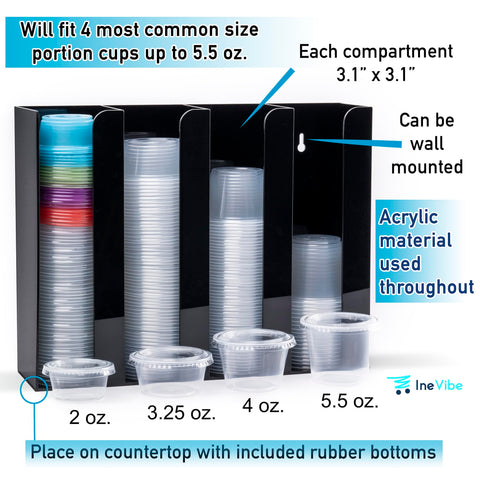 Inevibe four-compartment acrylic dispenser side view saves space and keeps lids tidy.
