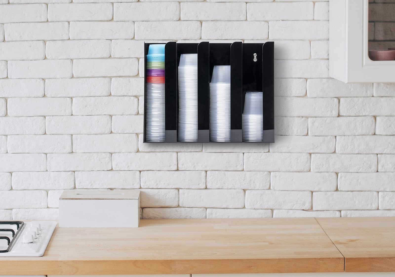Inevibe wall-mount cup organizer demonstrates space-saving wall installation.