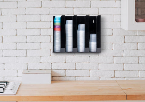 Inevibe wall-mount cup organizer demonstrates space-saving wall installation.