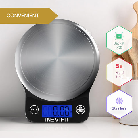INEVIFIT Digital Kitchen Scale brushed stainless steel surface ready for daily use