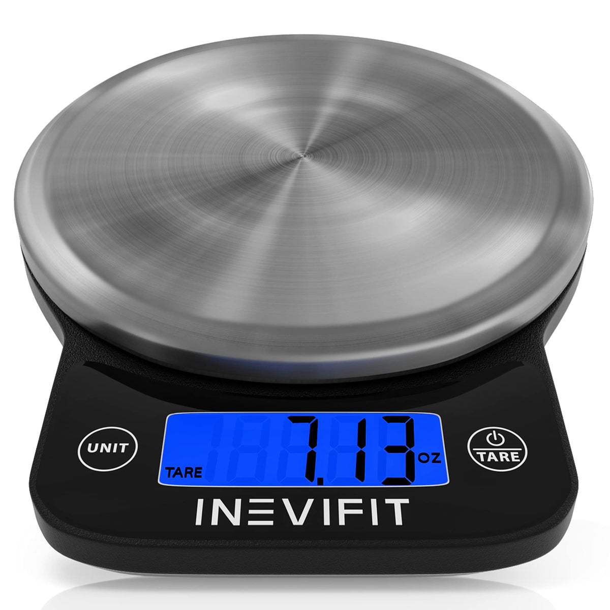 INEVIFIT Digital Kitchen Scale top view on brushed stainless steel for precise meal weighing