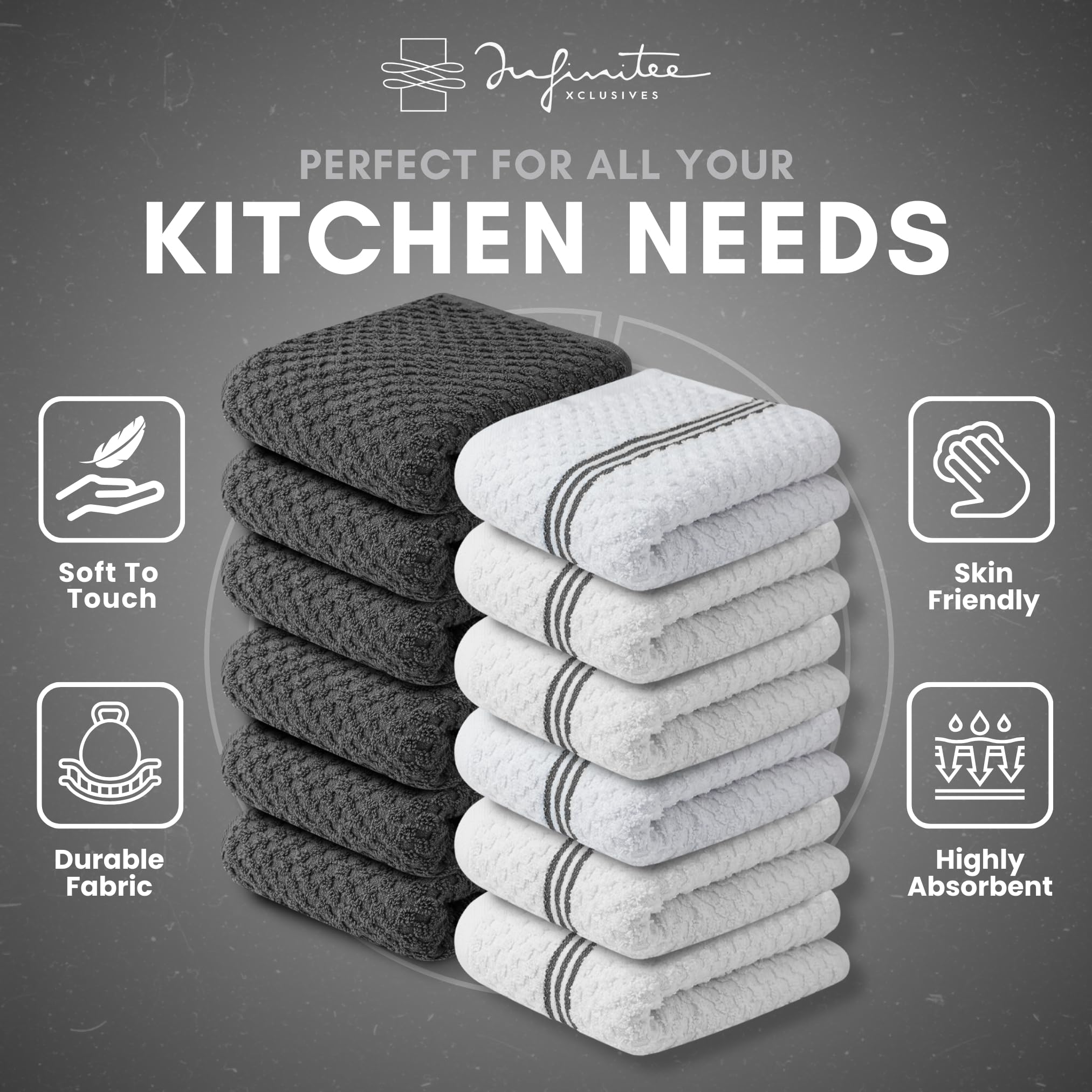 Infinitee Xclusives soft absorbent towels shown in hand drying tasks.