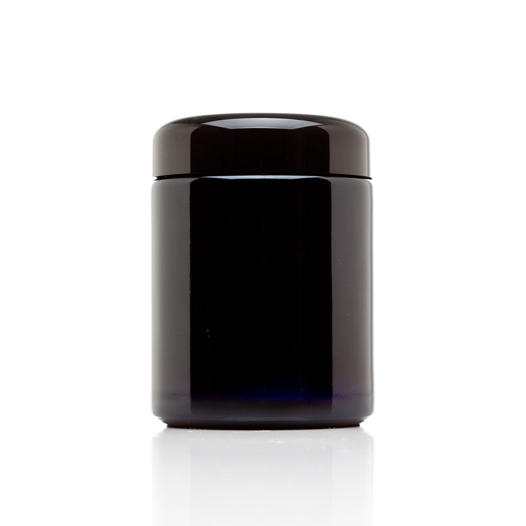 Infinity Jars 250 ml tall black jar closeup showing UV glass protection for spices