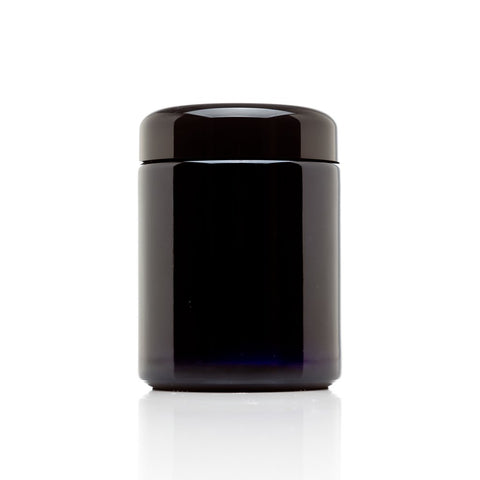 Infinity Jars 250 ml tall black jar closeup showing UV glass protection for spices