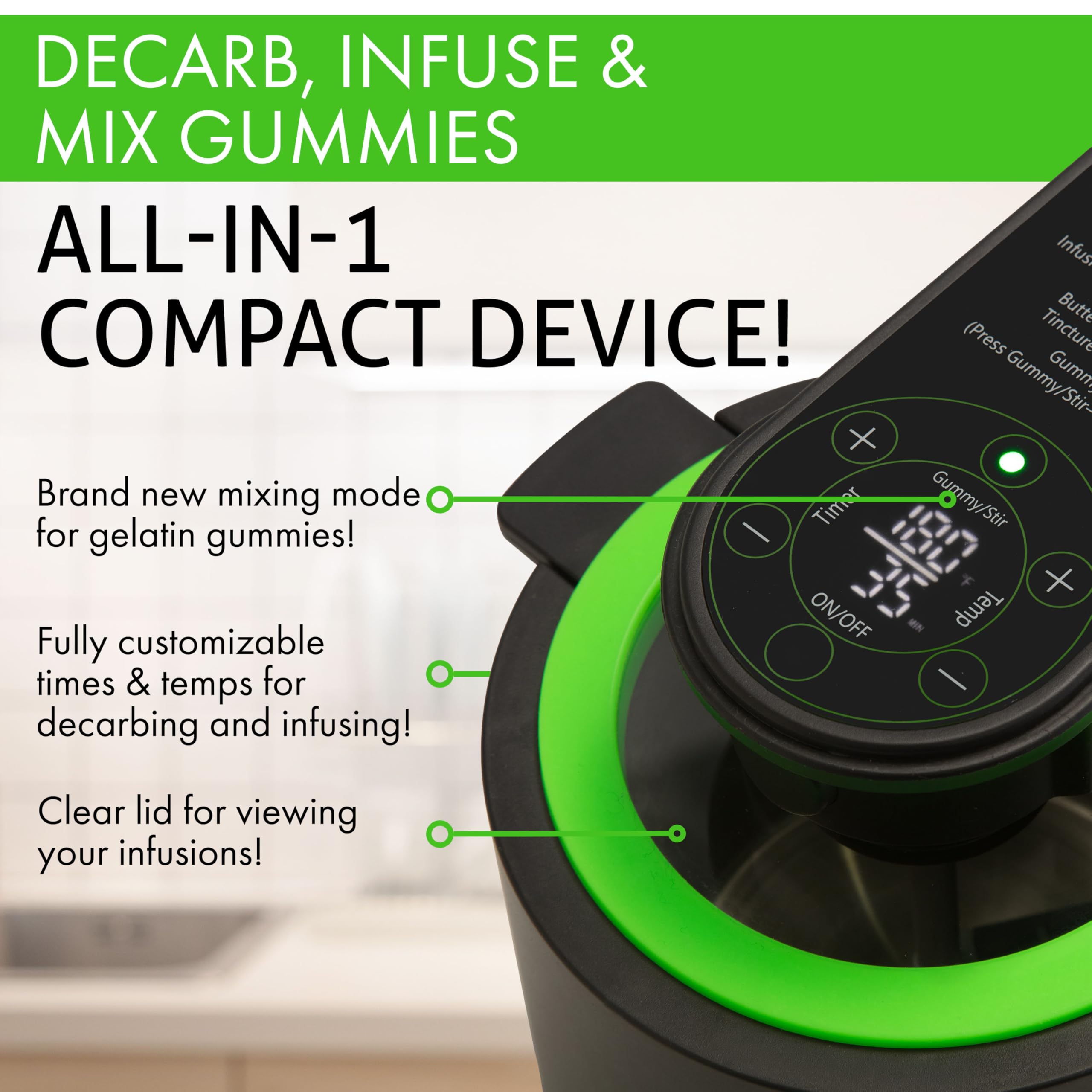 Infusion Buds decarb and infusion modes enable precise herb processing.