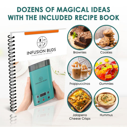 Herbal recipe book open beside Infusion Buds for ideas