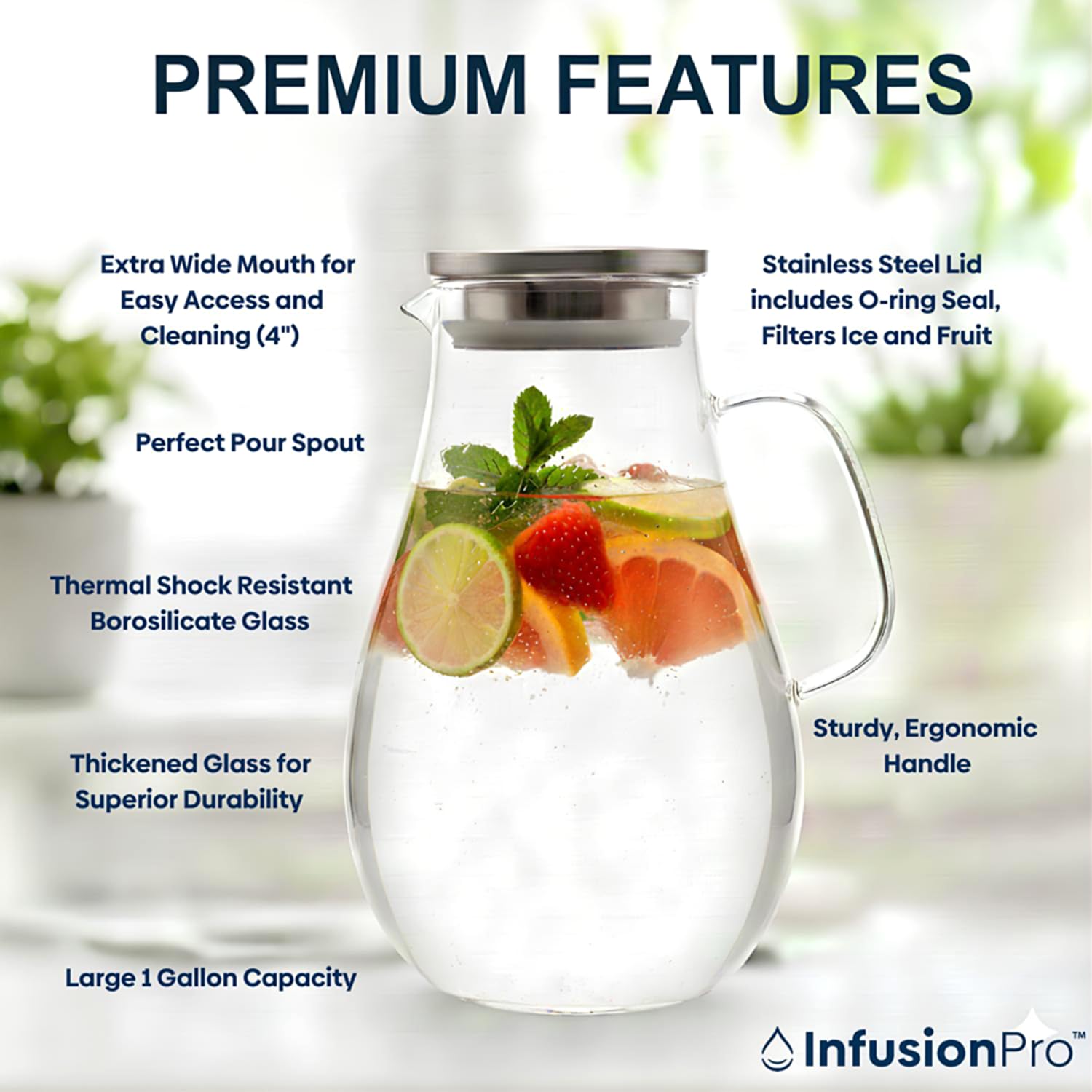 Infusion Pro heat-resistant glass pitcher for hot and cold beverages