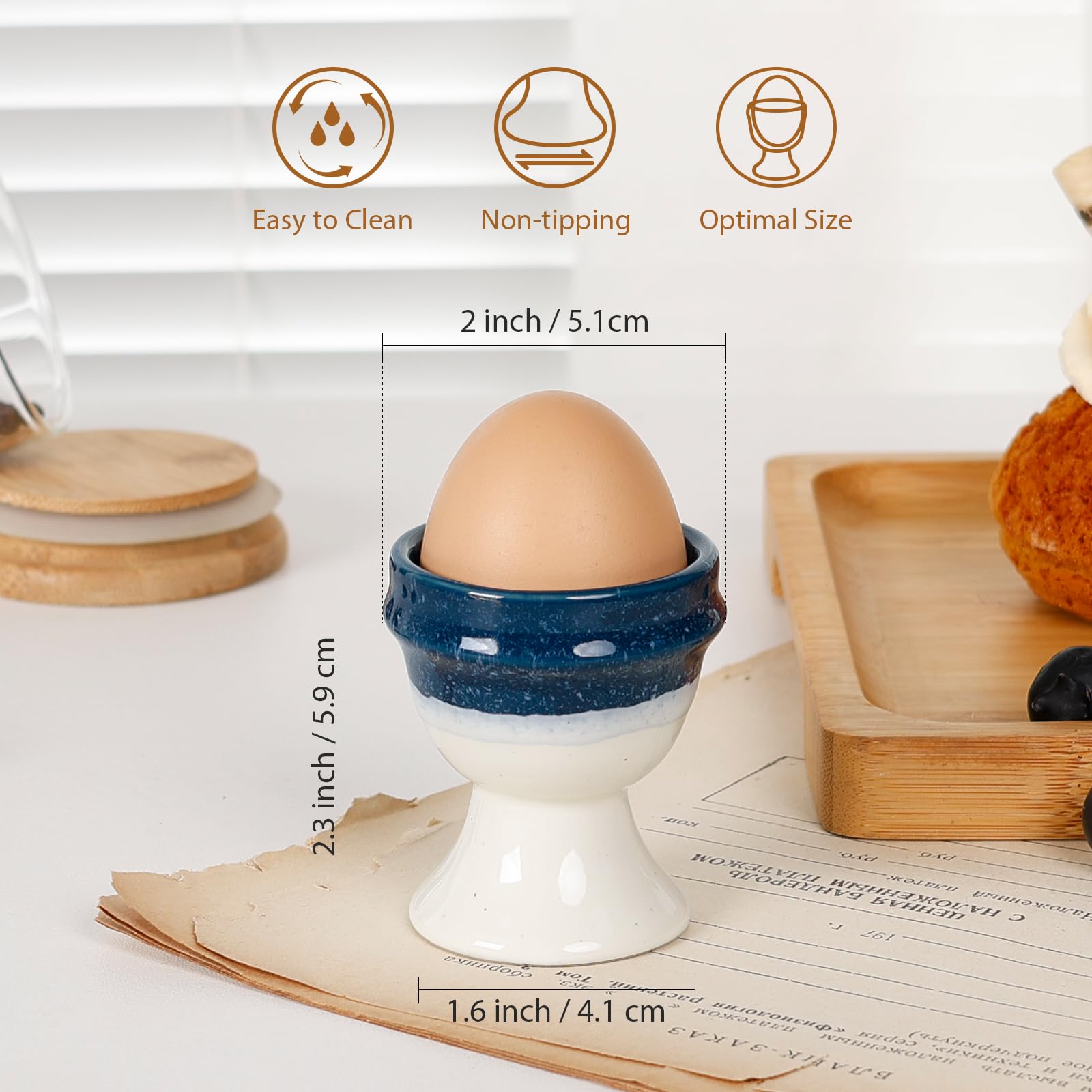 INGOFIN ceramic egg holders with smooth glaze for easy cleaning after meals.