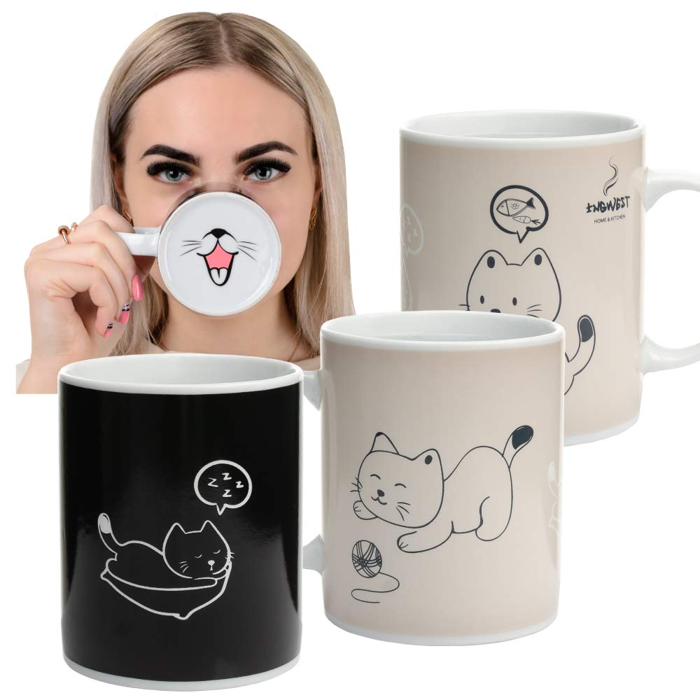 InGwest heat-sensitive mug with cat-face color change reveals temperature.