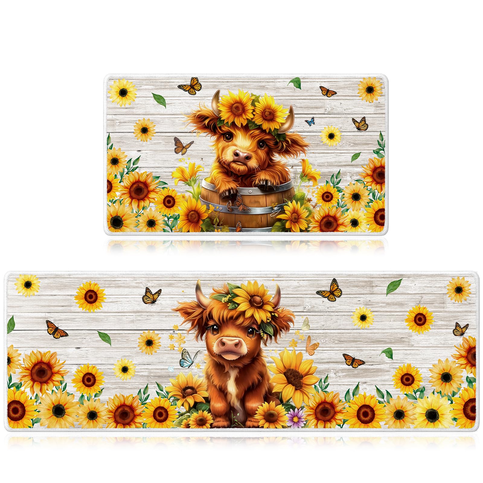 InIsaJace Highland Cow kitchen mat with sunflowers enhances rustic kitchen decor
