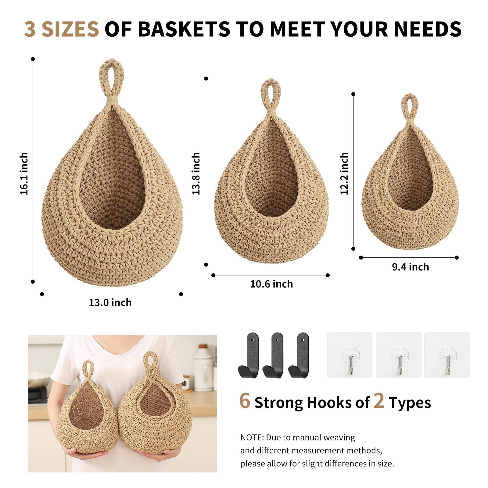 INJORAN strong hooks included image explains easy installation and sturdy hanging options.