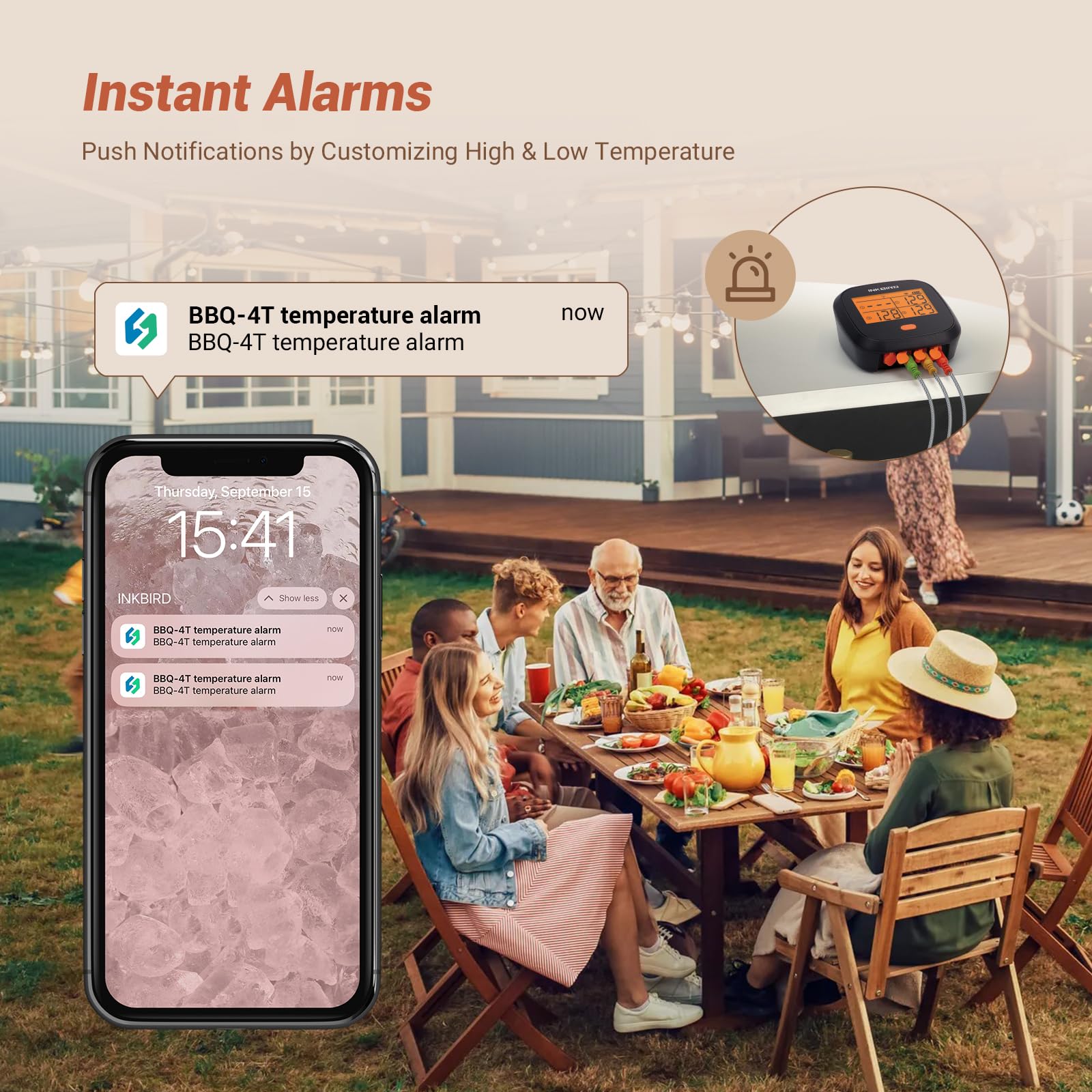 Countdown timer and alarms on the Inkbird IBBQ-4T for precise monitoring.