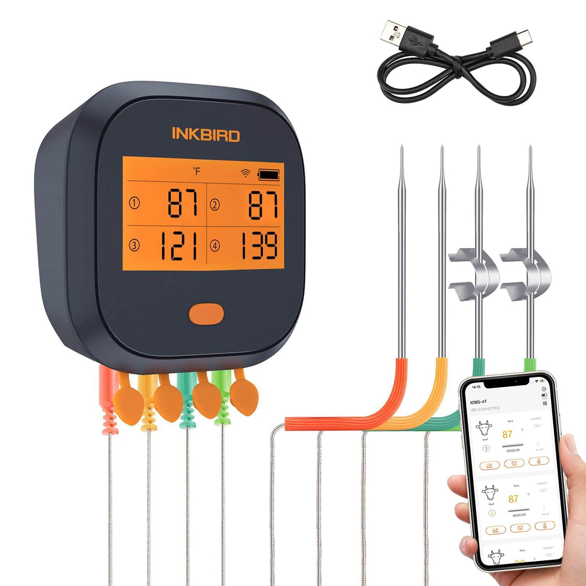 Inkbird IBBQ-4T WiFi meat thermometer shown for wireless grilling.