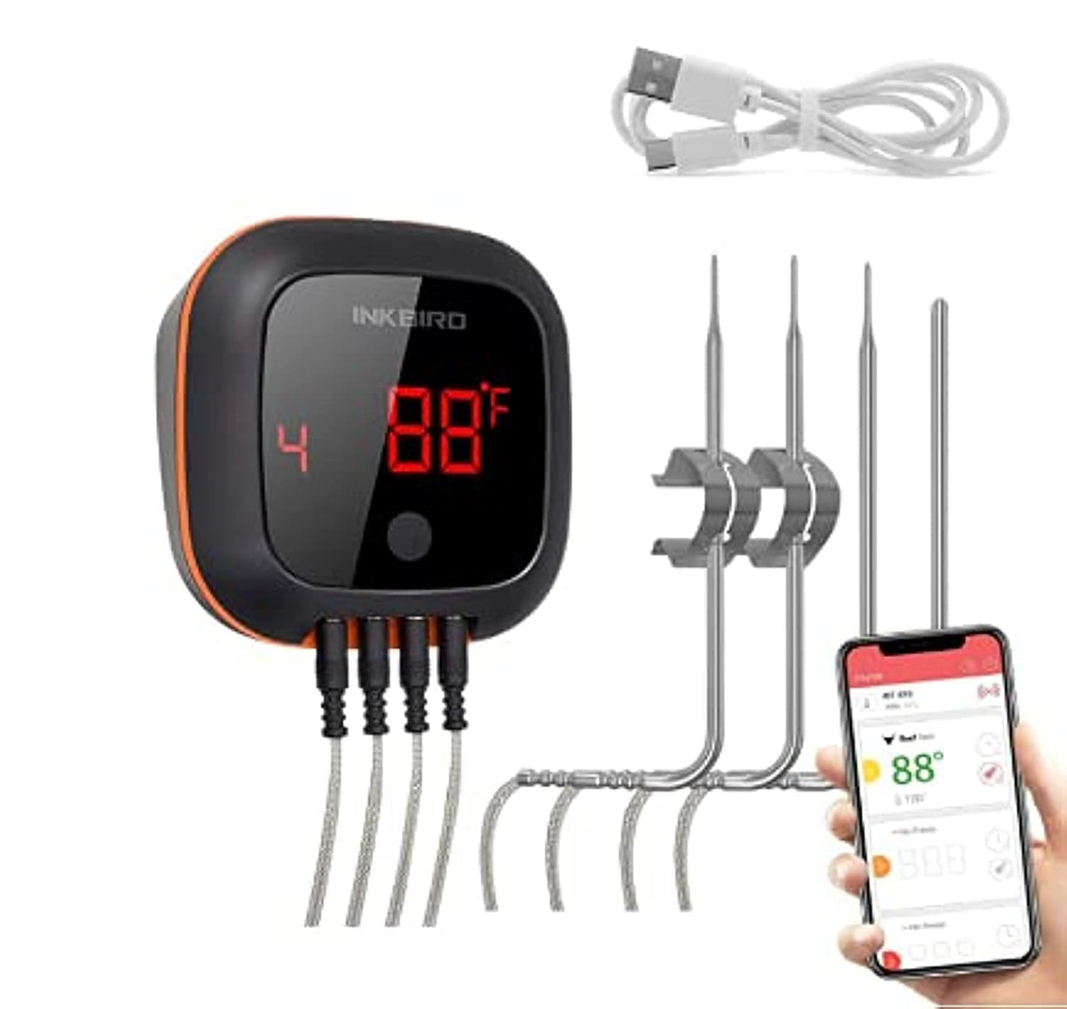 Inkbird IBT-4XS digital thermometer front view for precise grilling and easy monitoring.