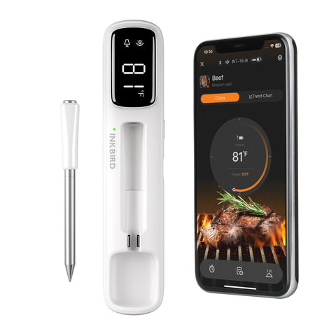 Inkbird mini thermometer front display for quick cooking checks.