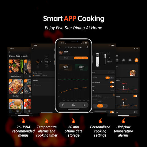 Inkbird mini thermometer in kitchen with app screen—remote Bluetooth monitoring.