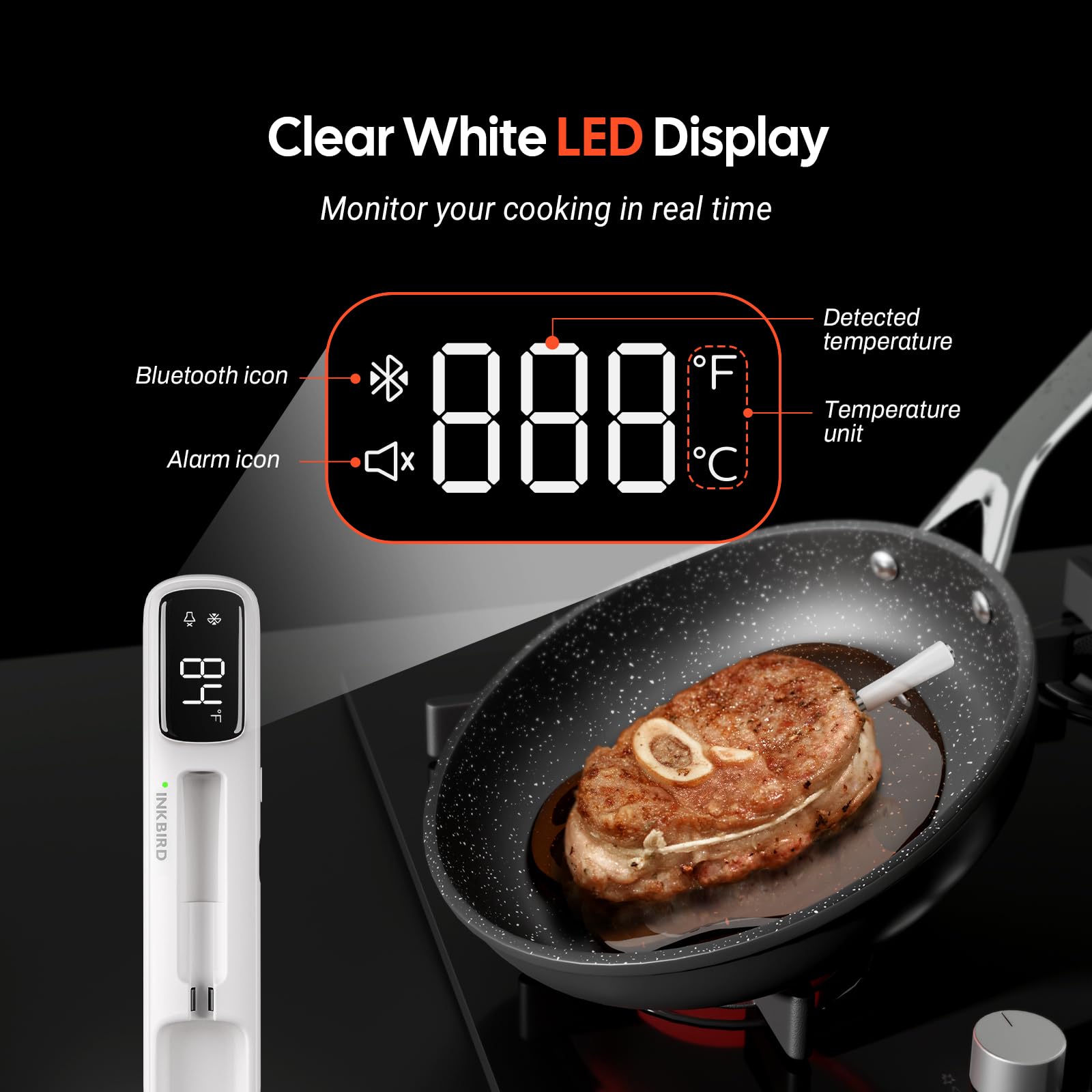 Inkbird mini thermometer LED backlight enhances visibility in any light.