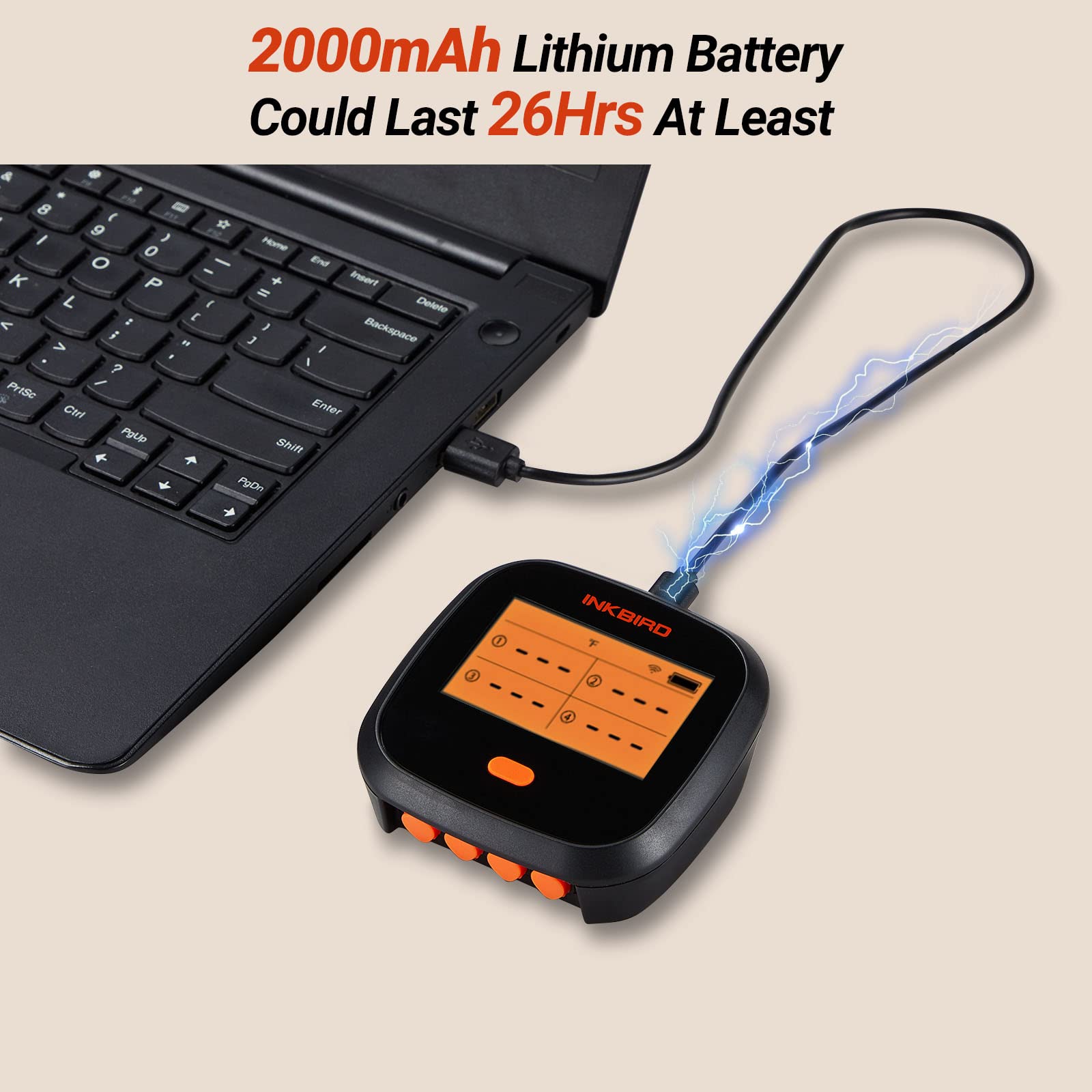 Rechargeable Inkbird thermometer powered by a 2000mAh battery for long grilling sessions.